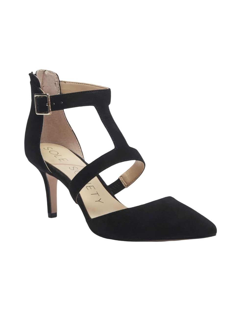 New Sole Society So-Edelyn Black Kidsuede Strappy Pointed-Toe Heels 10M